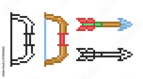 Bow and Arrow  icon in pixel style. Set of retro pixelated icons.