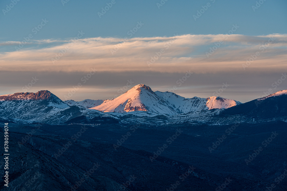 The snowcapped Monte Camicia at sunset as seen from Capestrano. Abruzzo, Italy.