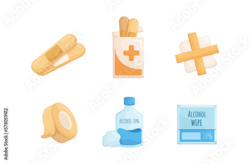 Medicine and Healthcare concepts.Basic First aid kit,basic first aid.wound plaster,wound plaster pack,Gauze pad,wound dressing tape,Alcohol for cleaning wounds 70 percent and cotton ball