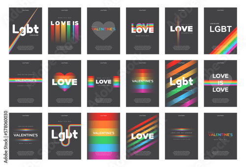 LGBT poster mega set. Happy valentine's day cover on black background. Social media post template design. Colorful rainbow banner for lgbt community event vector illustration