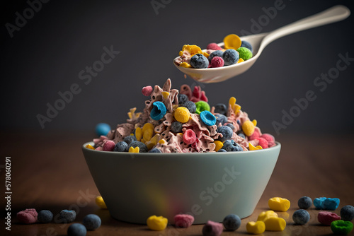 cereal in breakfast bowl filled with a mixture of colorful fruit balls Generative AI