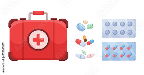 concepts medical supplies. First aid kit, pharmacy drugs. Medical tools vector illustration set. Medical aid healthcare.
