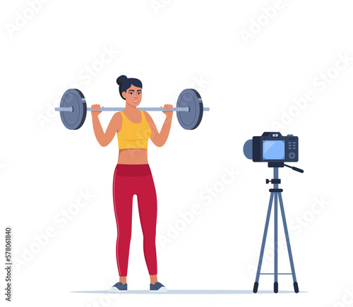 Woman doing Overhead barbell shoulder press exercise recording video with camera on tripod. Social network blogging, healthy lifestyle concept. Sport streming. Vector illustration.