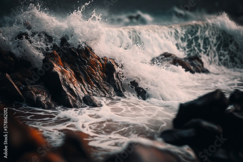 frash ocean waves crash on rocks Generative AI