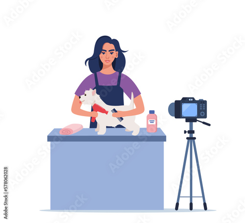 Women hairdresser grooming a dog on camera. Woman blogger with hair dryer and comb in her hands dries the dog's fur. Pet grooming salon. Vector illustration.