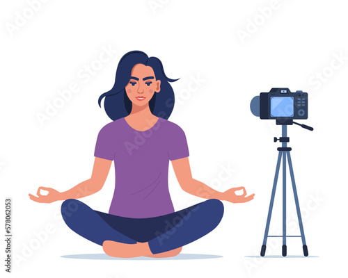 The girl is broadcasting yoga classes in her apartment. Young woman making meditation in lotus pose. Online Yoga Concept. Vector illustration.