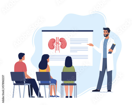 Doctor gives a training lecture about anatomy for students. Doctor presenting human kidneys infographics. Online medical seminar, lecture, healthcare meeting concept. Vector illustration.