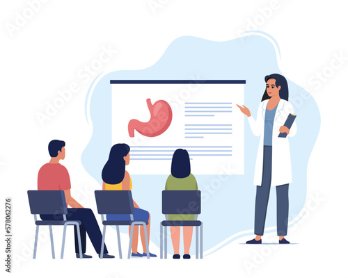 Doctor gives a training lecture about anatomy for students. Doctor presenting human stomach infographics. Online medical seminar, lecture, healthcare meeting concept. Vector illustration.