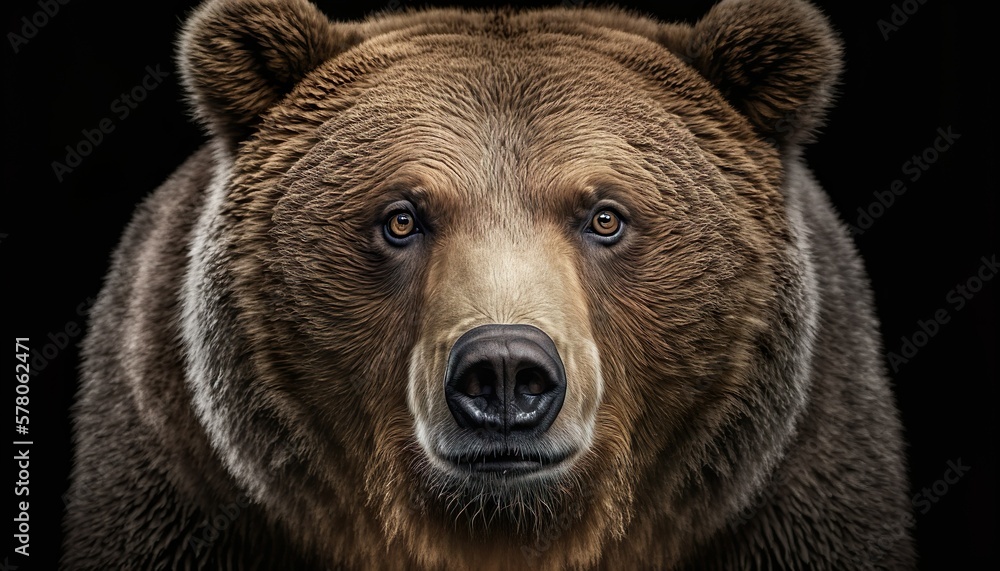 Close-up wild brown furry grizzly bear face black background wallpaper created with generative AI technology
