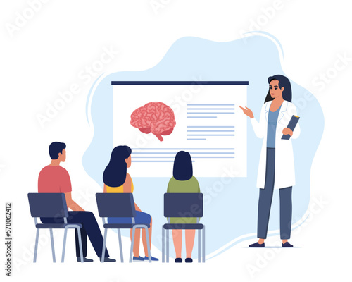 Doctor gives a training lecture about anatomy for students. Doctor presenting human brain infographics. Online medical seminar, lecture, healthcare meeting concept. Vector illustration.