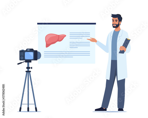 Doctor gives a training lecture about anatomy on camera. Doctor presenting human liver infographics. Online medical seminar, lecture, healthcare meeting concept. Vector illustration.