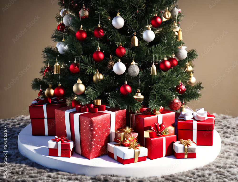 Christmas tree and red gift boxes. Generative AI