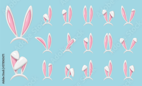Rabbit ears realistic 3d vector illustrations set. Easter bunny ears plastic kid headband, mask collection. Hare costume pink render element. Photo editor, booth, video chat app isolated cliparts