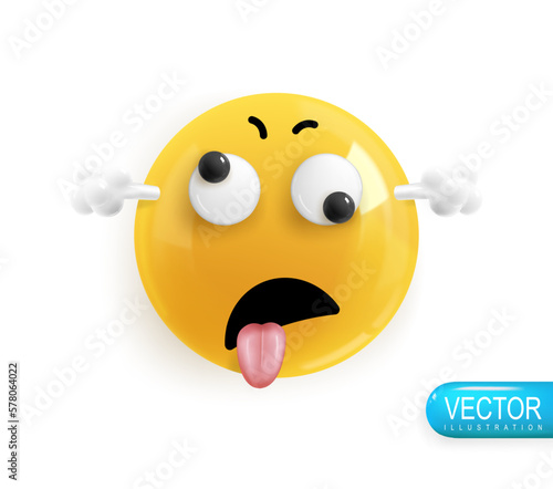 Emoji face dizziness and steam from ears. Realistic 3d Icon. Render of yellow glossy color emoji in plastic cartoon style isolated on white background. Vector illustration