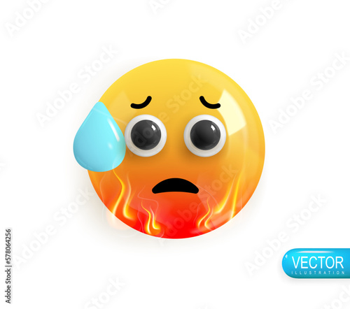 Emoji face fever with sweat. Emotion Realistic 3d Render. Icon Smile Emoji. Vector yellow glossy emoticons.