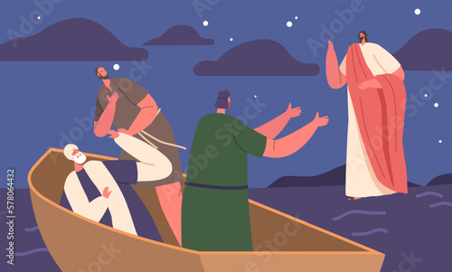 Biblical Scene Depicting Jesus Walking On Water, With His Apostles Sitting In Boat. Concept Of Faith And Miracles