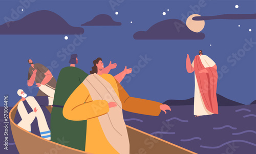 Biblical Scene Jesus Walking On Water With Waves And Cloudy Sky On Background And Apostles Sitting In Boat