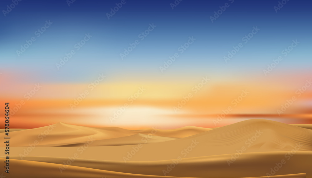 Vector Desert landscape in evening with Sunset,Natural Sky line in Blue,Pink,Yellow.Template backdrop banner design for Product,Advertising,Travel for Spring Summer background
