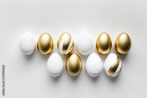 Easter golden decorated eggs stand in a row on white background. Minimal easter concept. Happy Easter card with copy space for text. Top view, flatlay