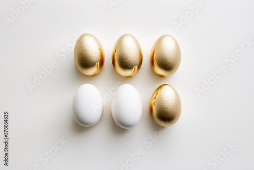 Easter golden decorated eggs stand in a row on white background. Minimal easter concept. Happy Easter card with copy space for text. Top view, flatlay