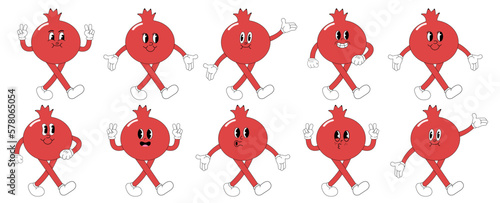 A set of pomegranate cartoon groovy stickers with funny comic characters, gloved hands. Modern illustration with legs and arms.	
