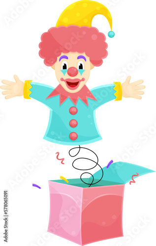 bright vector illustration of a surprise box, april fools day, clown on a spring