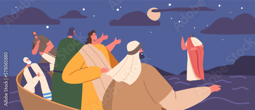 Biblical Scene Jesus Walking On Water Surrounded By Turbulent Waves And With His Disciples In Boat