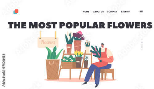 The Most Popular Flowers Landing Page Template. Floral Designer Male Character Arranging Bouquet For Customer