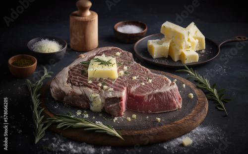 Delicious Steak, Rib Eye or T-Bone, Garlic Butter and herbs. Delicious and mouth watering. Shallow field of view. Illustrative Generative AI.