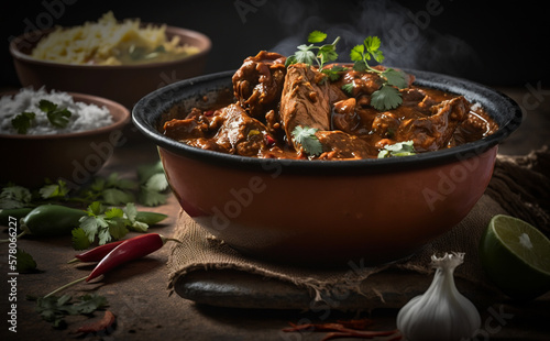 Chicken Tikka Masala, served in a large pot, with coriander, naan bread and rice. Food photography. Shallow field of view, Illustrative Generative AI.