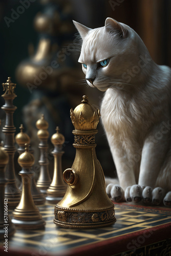 The Royal Cat King chess pieces on a chess board, winner of bussiness and successfully, management or leadership strategy and teamwork concept., design created with Generative Ai
