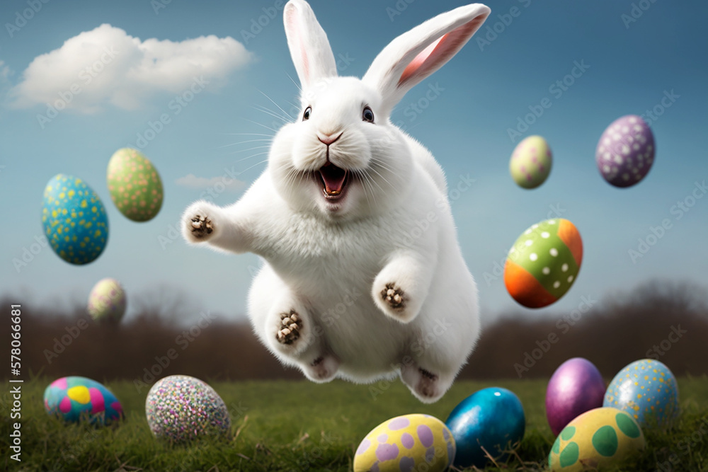 happy Easter bunny jumping with joy with many Easter eggs
