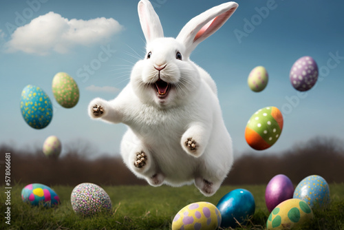 Fototapeta happy Easter bunny jumping with joy with many Easter eggs