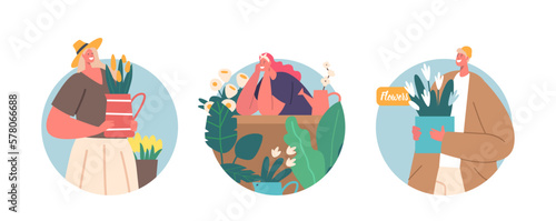Flower Shop Isolated Round Icons Or Avatars. Saleswomen Sell Bouquets At Floral, Customers Buying Flowers