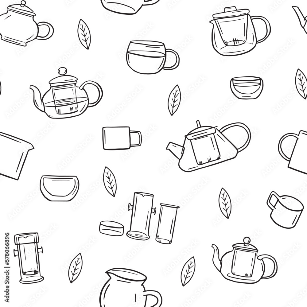 Tea ware seamless pattern. Doodle teapots, Hand drawn green tea vector pattern Tea ware seamless pattern. Doodle teapots, Hand drawn green tea vector pattern
