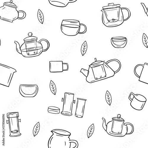 Tea ware seamless pattern. Doodle teapots, Hand drawn green tea vector pattern