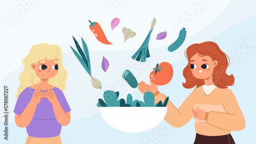 Fresh salad, healthy food and diet lifestyle. Young girls and vegetables, proper nutrition consulting. Cartoon vector characters choose vegan dish