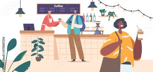 Coffee Shop With Customers Buying Drinks At Counter Desk With Barista. Coffee Culture Cafes Or Urban Lifestyle Concept