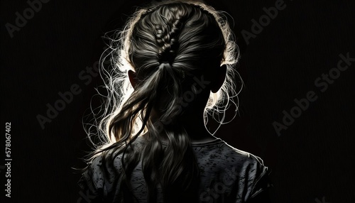 Portrait of scary girl. Back view. Black background.