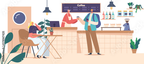 Customers Inside A Cozy Coffee Shop Buying Drinks, Sipping On Their Beverages Sitting At Tables In Warm Atmosphere
