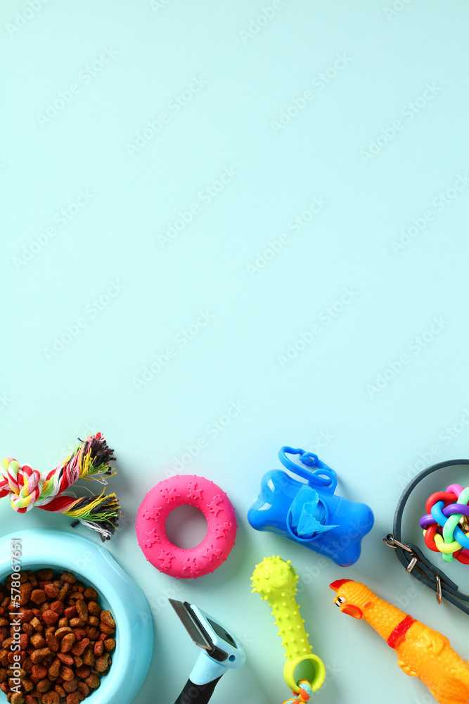 Fototapeta premium Dog accessories on blue background. Pets toys and grooming supplies. Top view. Flat lay.