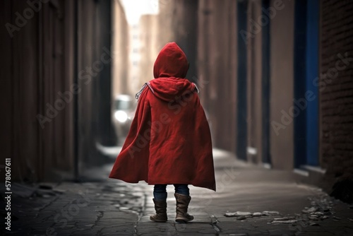 Child superhero walking alone in city. Child superhero portrait (Generative AI)