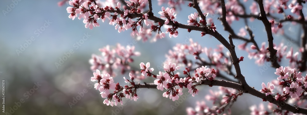 spring pink flowers on tree branches, blossom banner size wallpaper, bokeh blurry background, Generative AI spring pink flowers on tree branches, blossom banner size wallpaper, bokeh blurry background, Generative AI