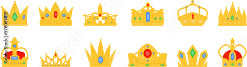 Flat golden crown, king coronation crowns and diadem. Monarch vintage crowned elements. Queen and princess gold royal symbols, decent vector icons