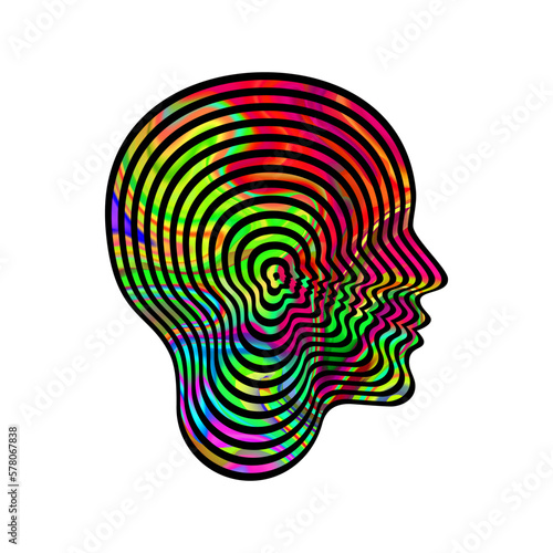 Woman profile. Silhouette of head with concentric psychedelic pattern.