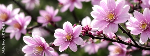 spring pink flowers on tree branches  blossom banner size wallpaper  bokeh blurry background  Generative AI