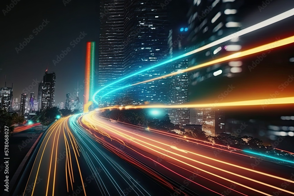 High speed data neon moving fast into smart city. Technology background. Generative AI High speed data neon moving fast into smart city. Technology background. Generative AI