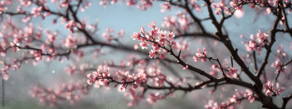 spring pink flowers on tree branches, blossom banner size wallpaper, bokeh blurry background, Generative AI spring pink flowers on tree branches, blossom banner size wallpaper, bokeh blurry background, Generative AI