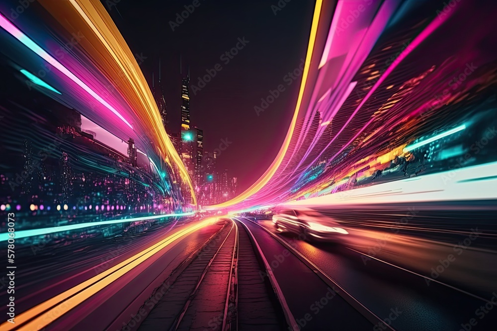 © AI Farm - High speed data neon moving fast into smart city. Technology background. Generative AI