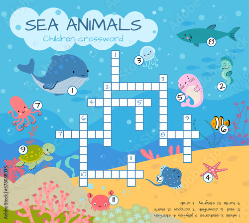 Children crossword sea animals. Colorful underwater animal puzzle game for kids. English words quiz with turtle octopus jellyfish, nowaday vector location
